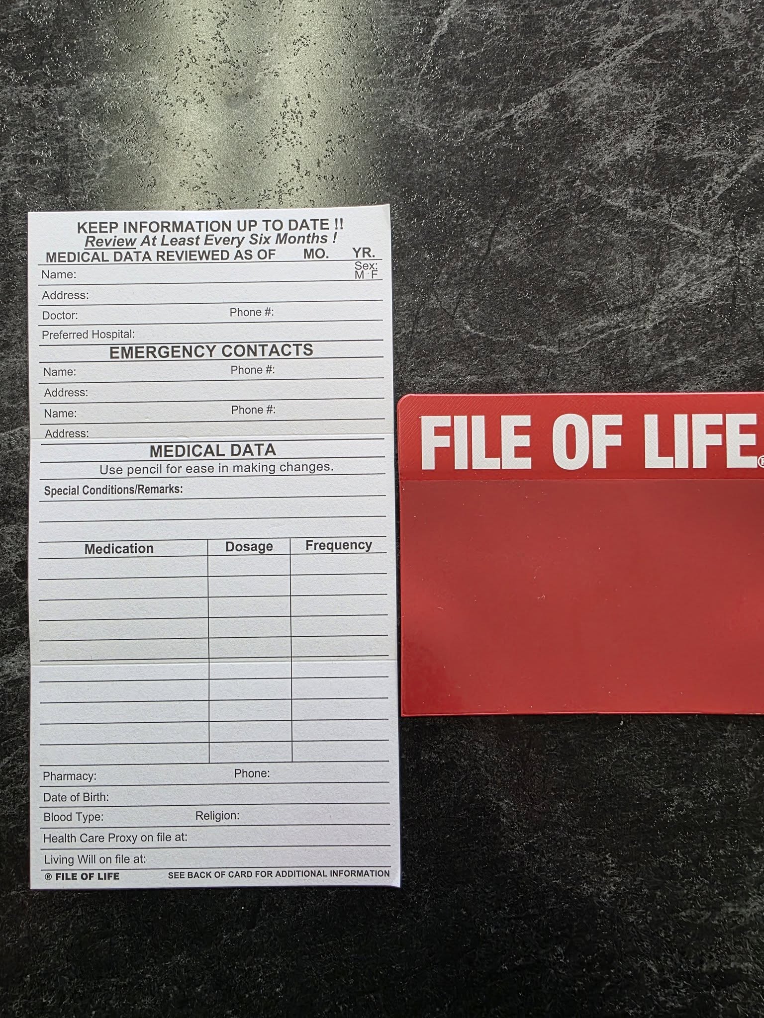 File For Life page one Photos of File For Life sign and front of File For Life Form